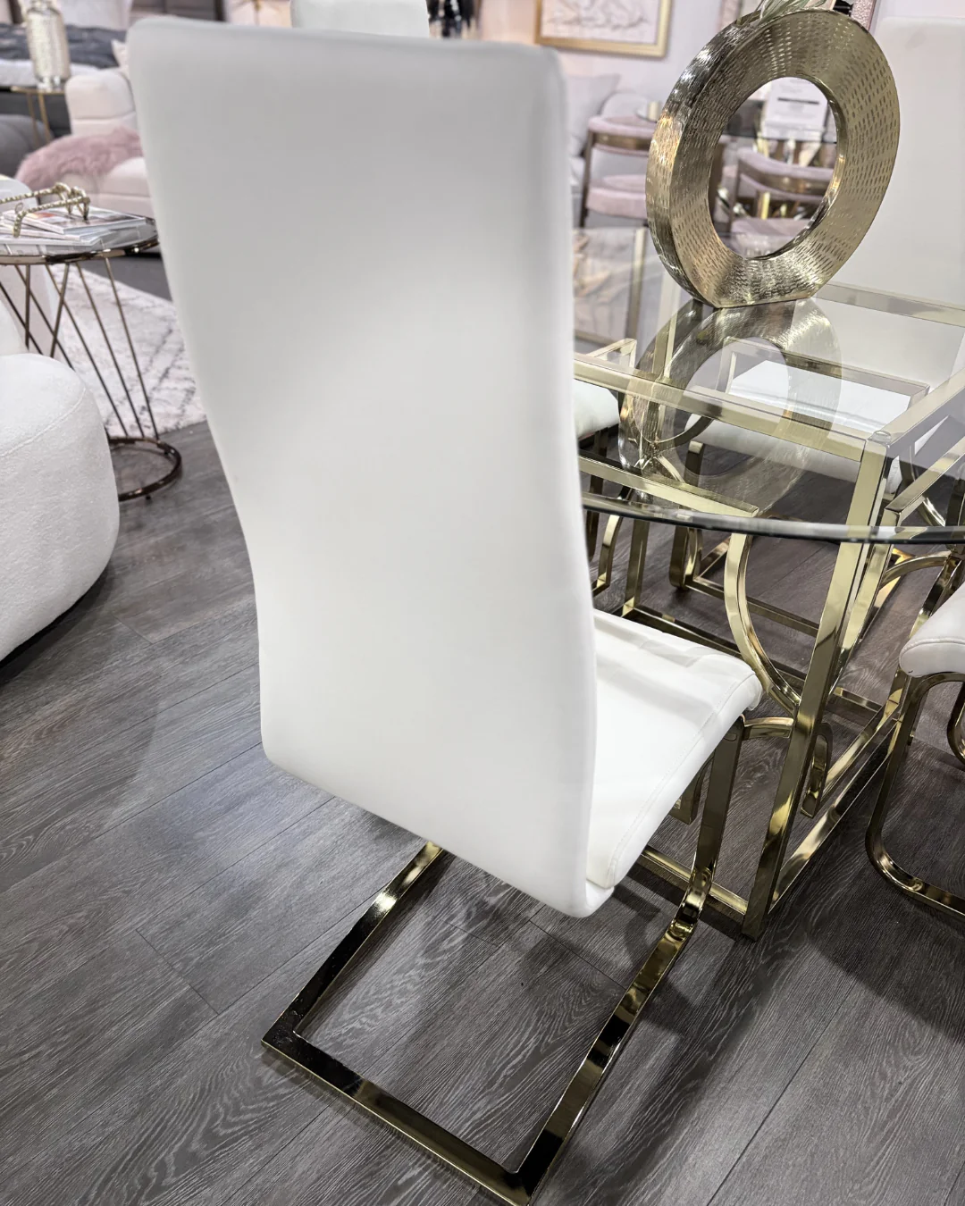 48" Round Glass Dining Set with White Chairs & Gold Base - Image 3