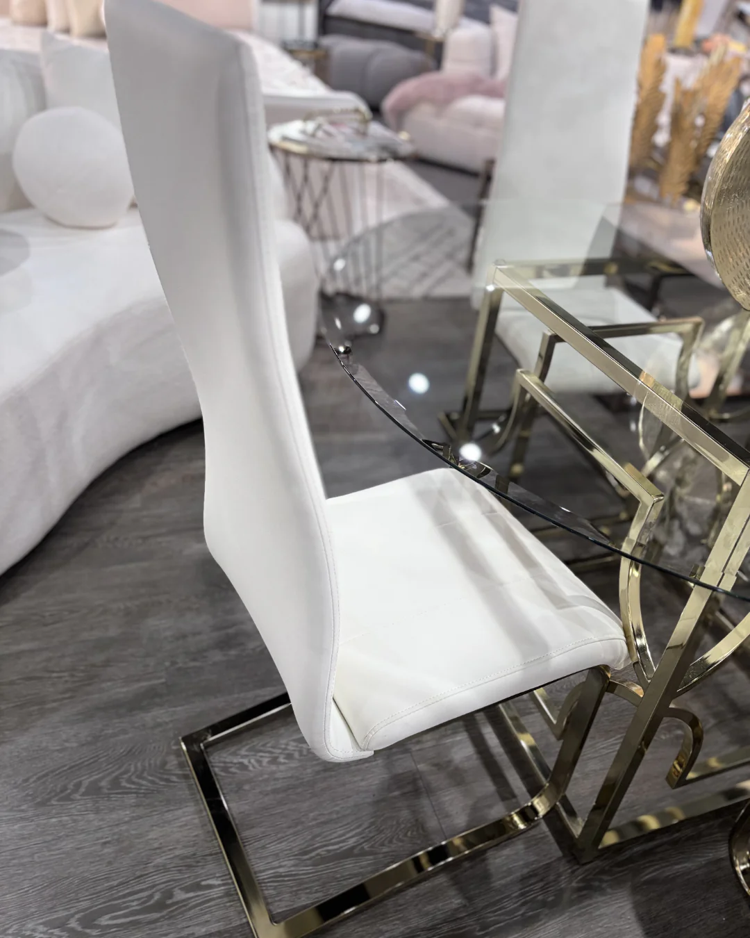 48" Round Glass Dining Set with White Chairs & Gold Base - Image 4