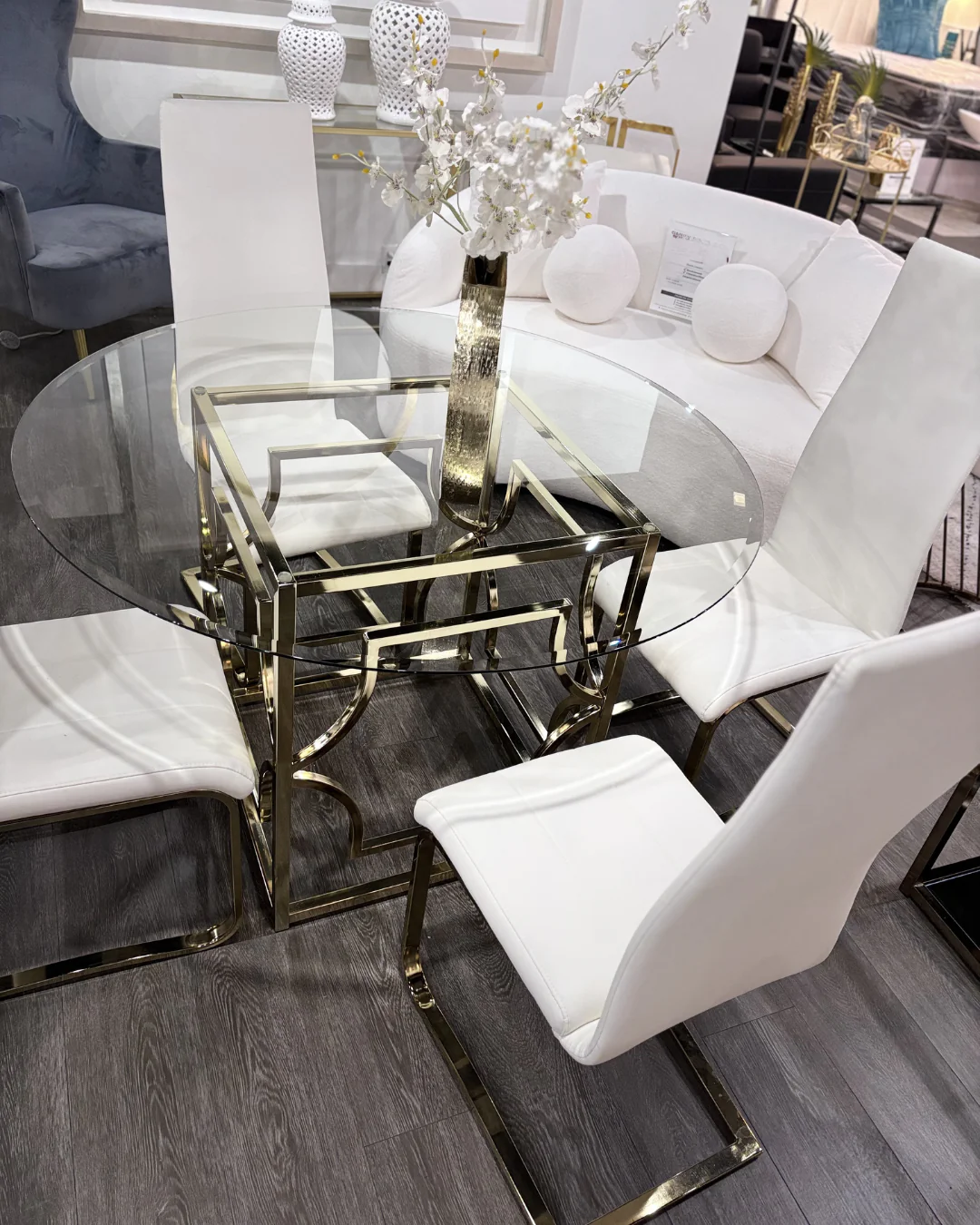 48" Round Glass Dining Set with White Chairs & Gold Base - Image 5