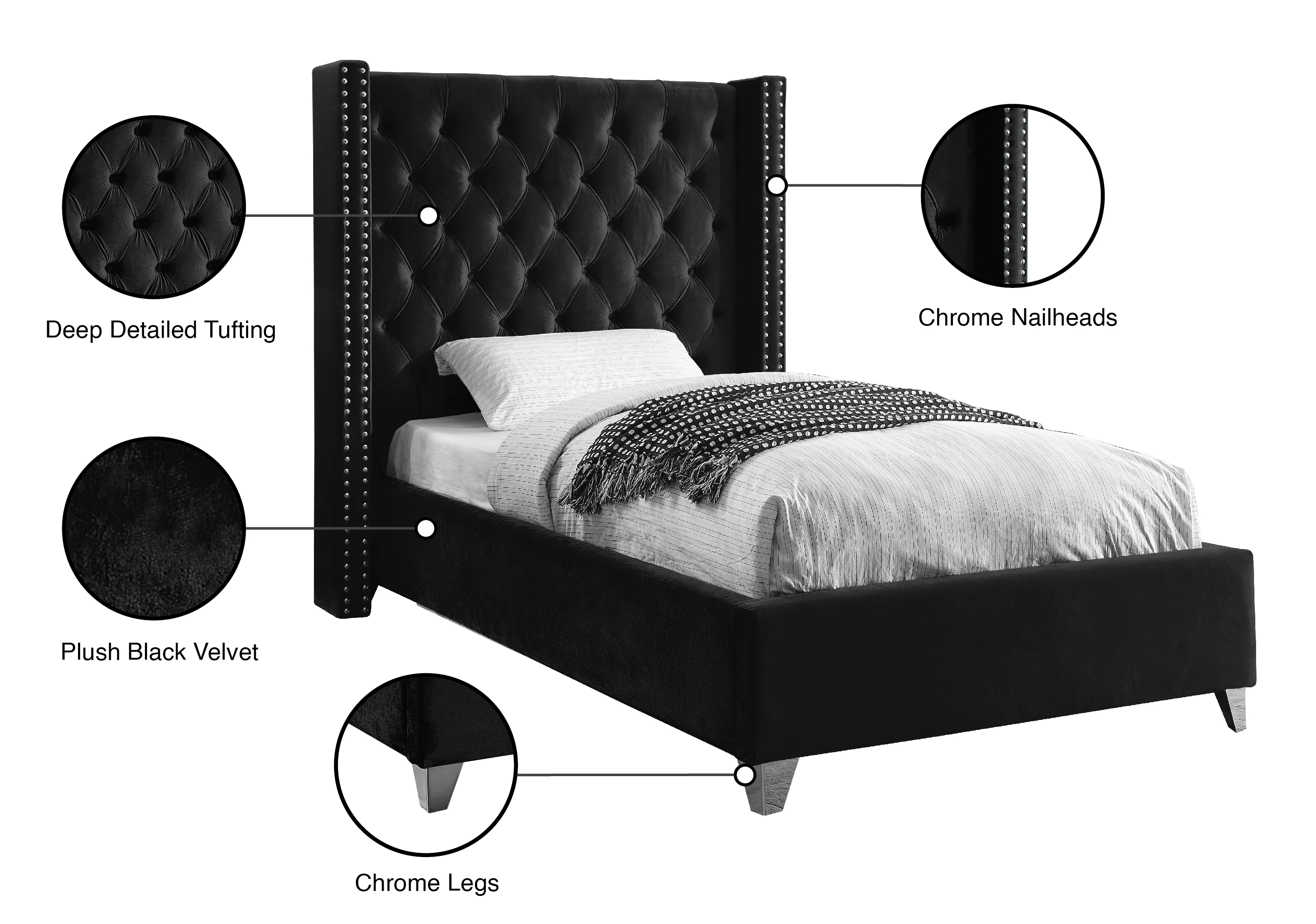 Robertson Black Velvet Twin Bed T - Image 4