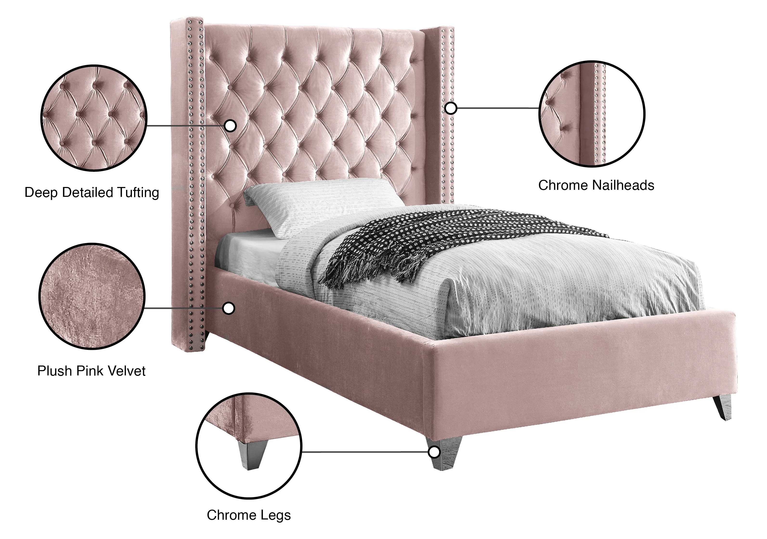 Robertson Pink Velvet Twin Bed T - Image 4